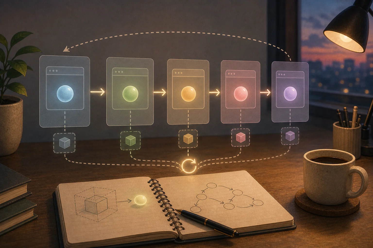 렌더링마다 새 상태가 이어지는 React 상태 흐름 일러스트