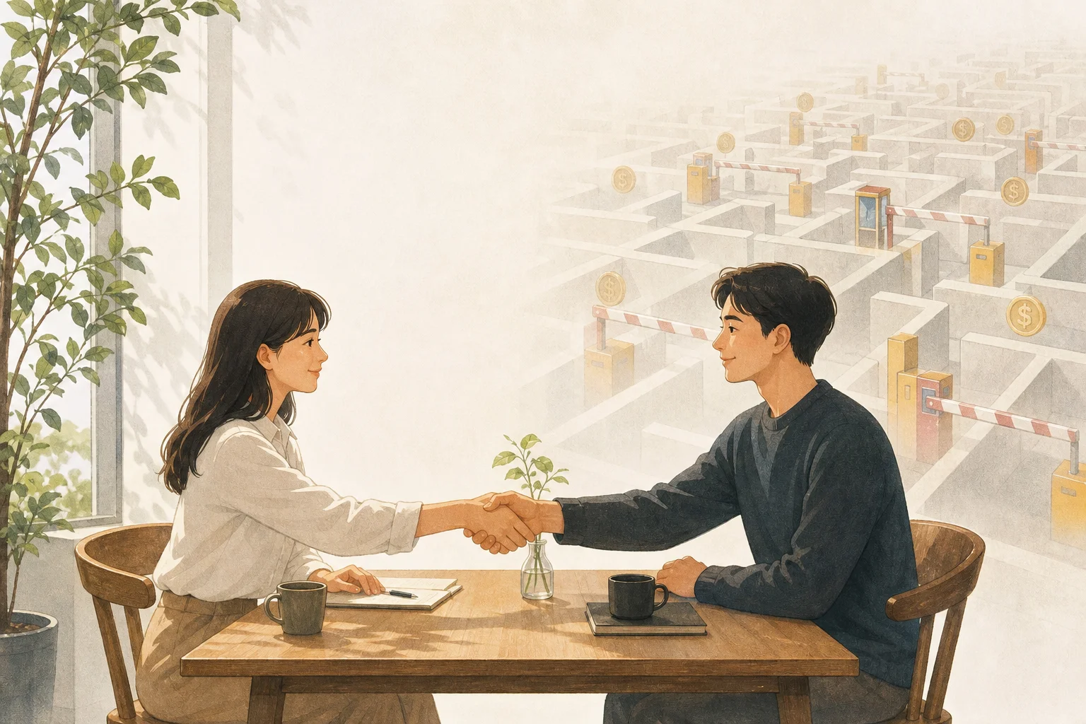 복잡한 중계 구조를 지나 직접 계약을 선택하는 일러스트