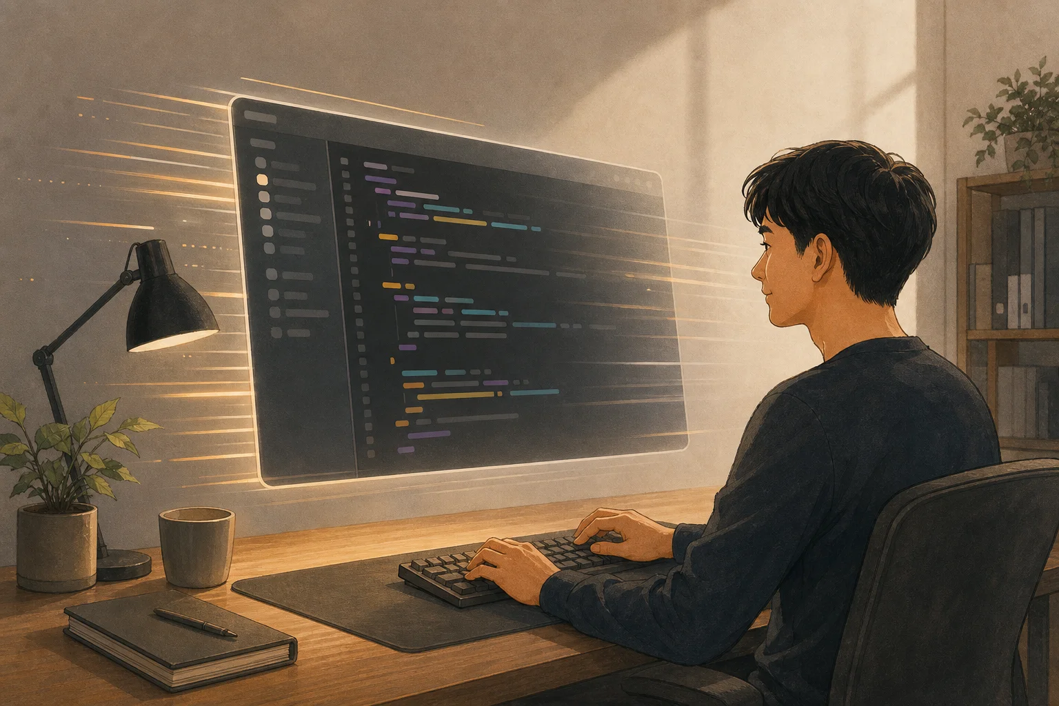 빠른 코드 편집기의 가벼운 사용감을 표현한 개발 책상 일러스트